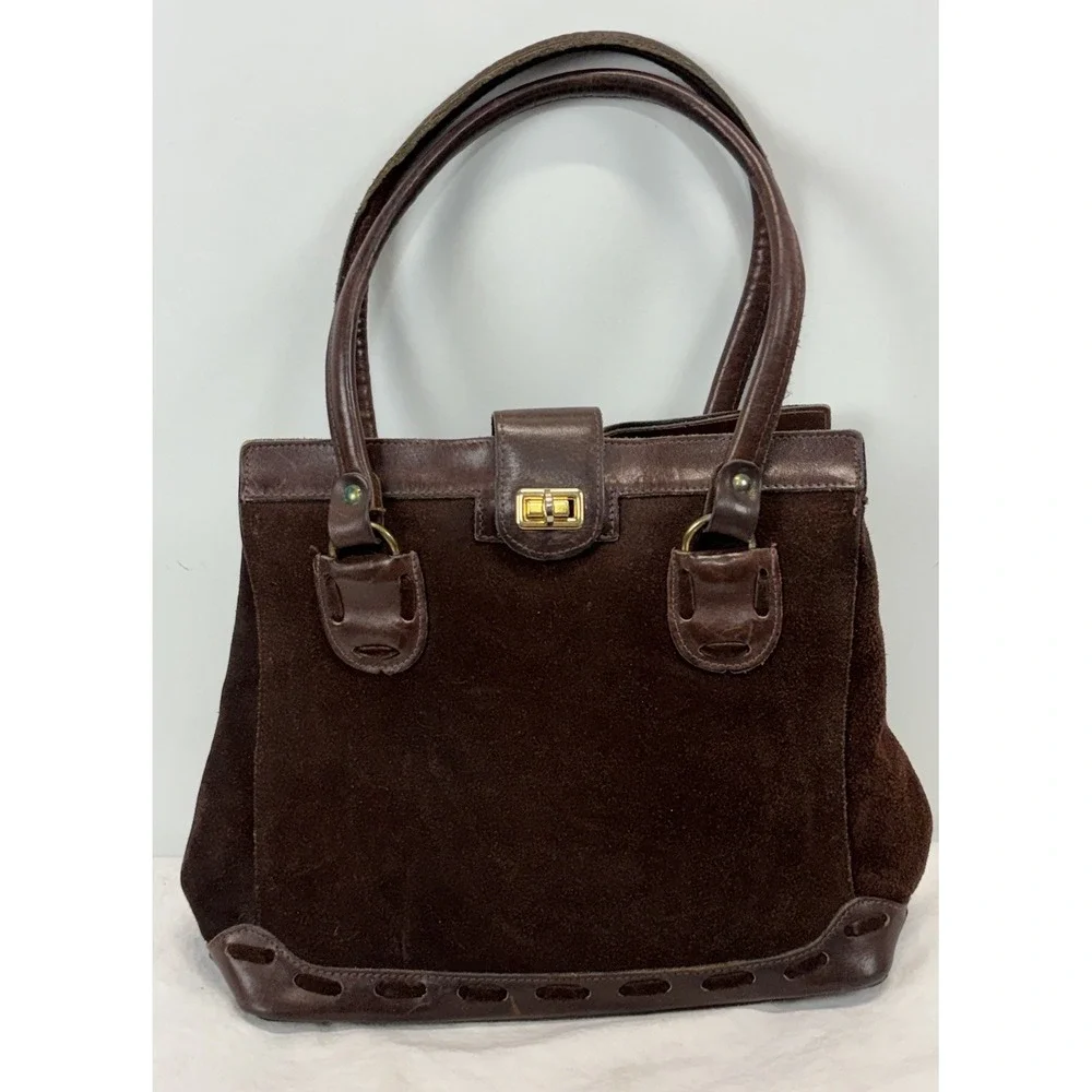 Vtg Chocolate Brown Suede & Leather Shoulder Bag Purse 50s Swift Metal Zipper